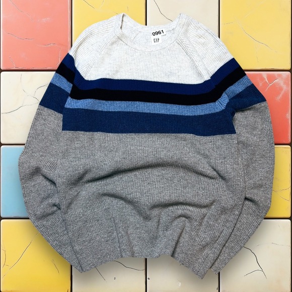 Gap Knit Colorblocked Striped Sweater  Y2K Men L Tall Cream Blue‎ Crewneck Wool - Picture 1 of 11
